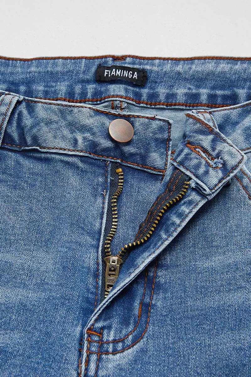 Roll Hem Mid Waist Crop Straight Leg Jeans Without Belt