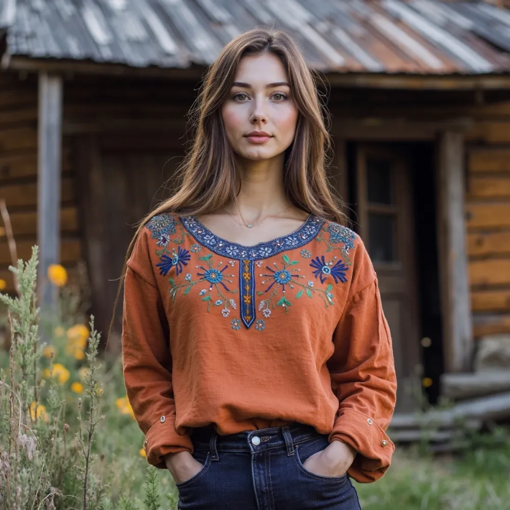 Vintage Bohemian Tribal Art Embroidery Print Cotton And Linen Loose Shirt