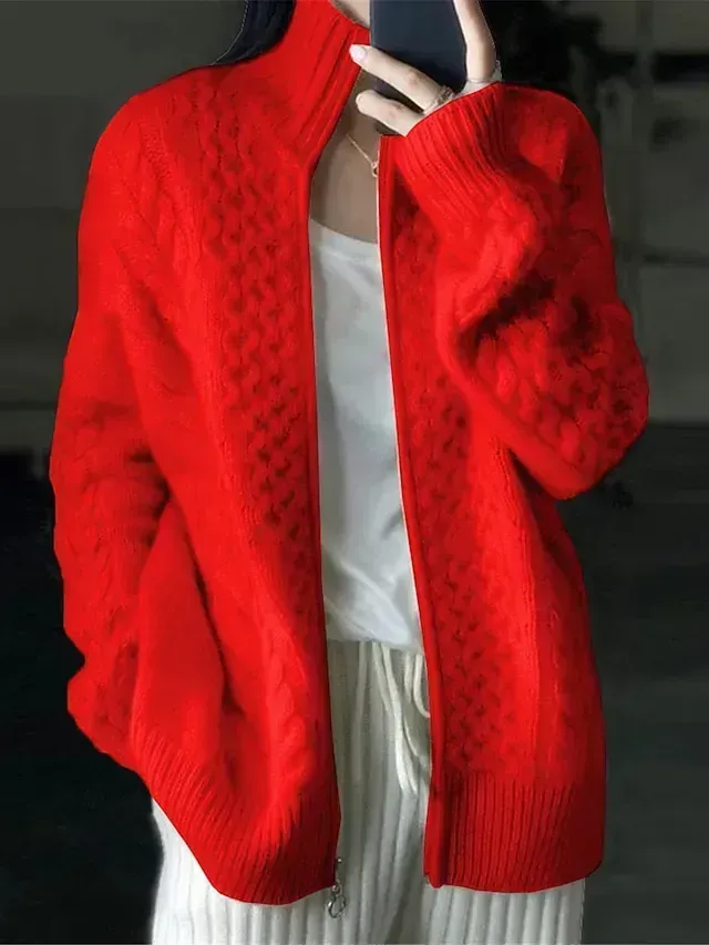 Women‘s Christmas Zip Sweater Stand Collar Cable Knit Polyester Zipper Knitted Fall Winter Regular Outdoor Xmas Holiday Going out Stylish Casual Soft Long Sleeve Pure Color Pink Red S M L
