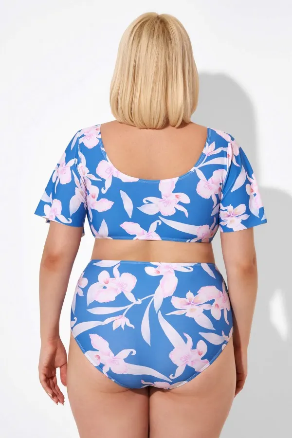 Blue Flower Print Bow V-neck Bikini Top