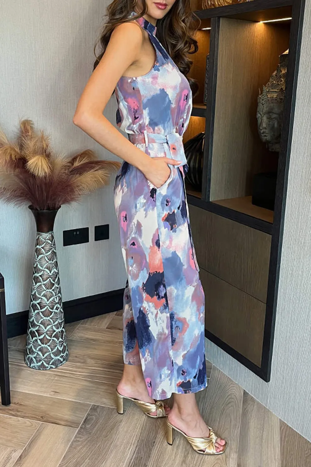 Colorful Art Print Women's Sleeveless Turtleneck Jumpsuit
