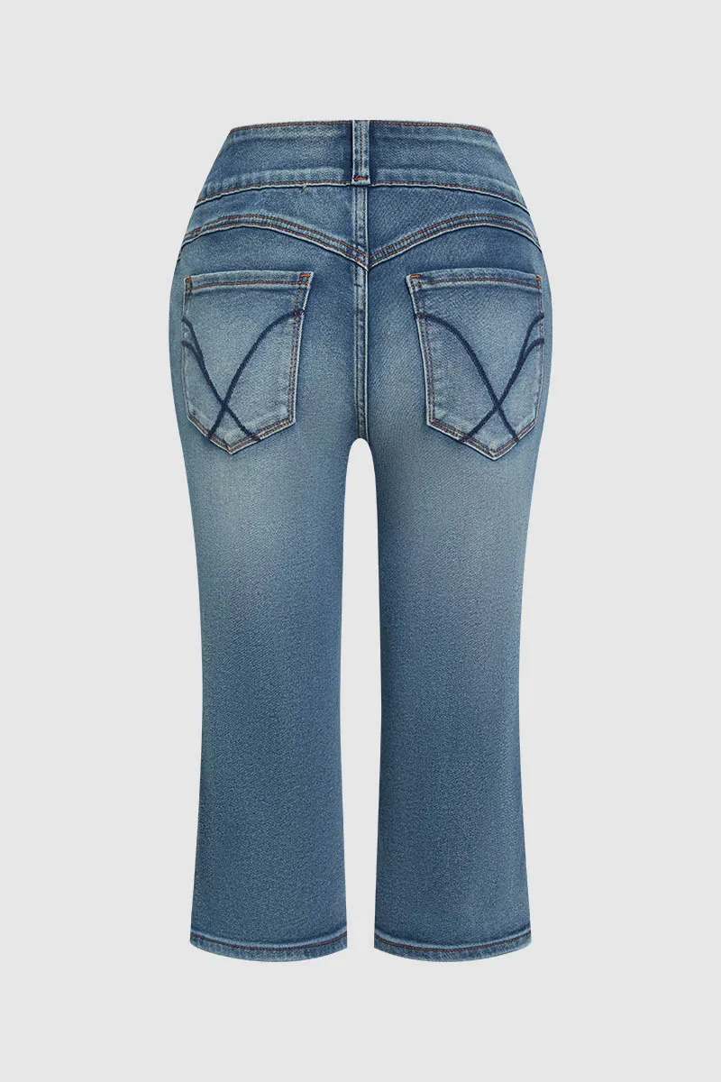 Split Hem Stitch Detail High Rise Capri Jeans