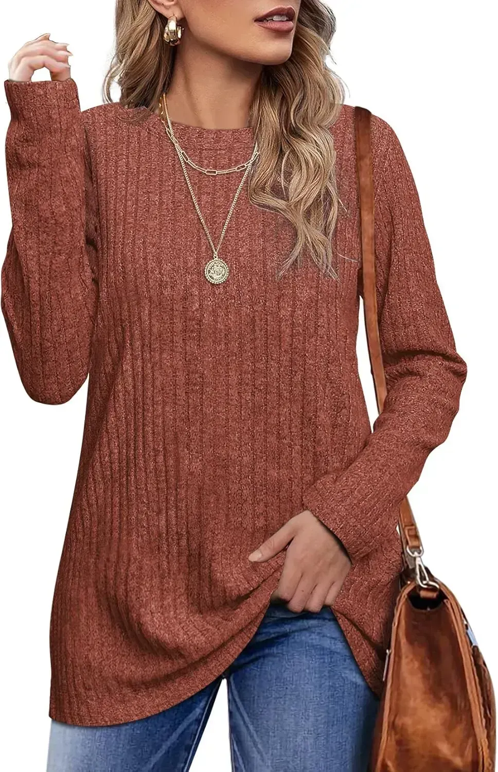 OFEEFAN Long Sleeve Shirts for Women Lightweight Crew Neck Casual Tunic Tops