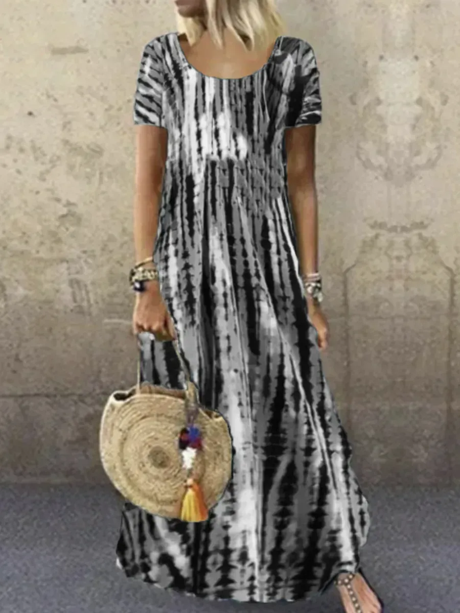 Ladies Round Neck Short Sleeve Tie-dye Printed Maxi Dress