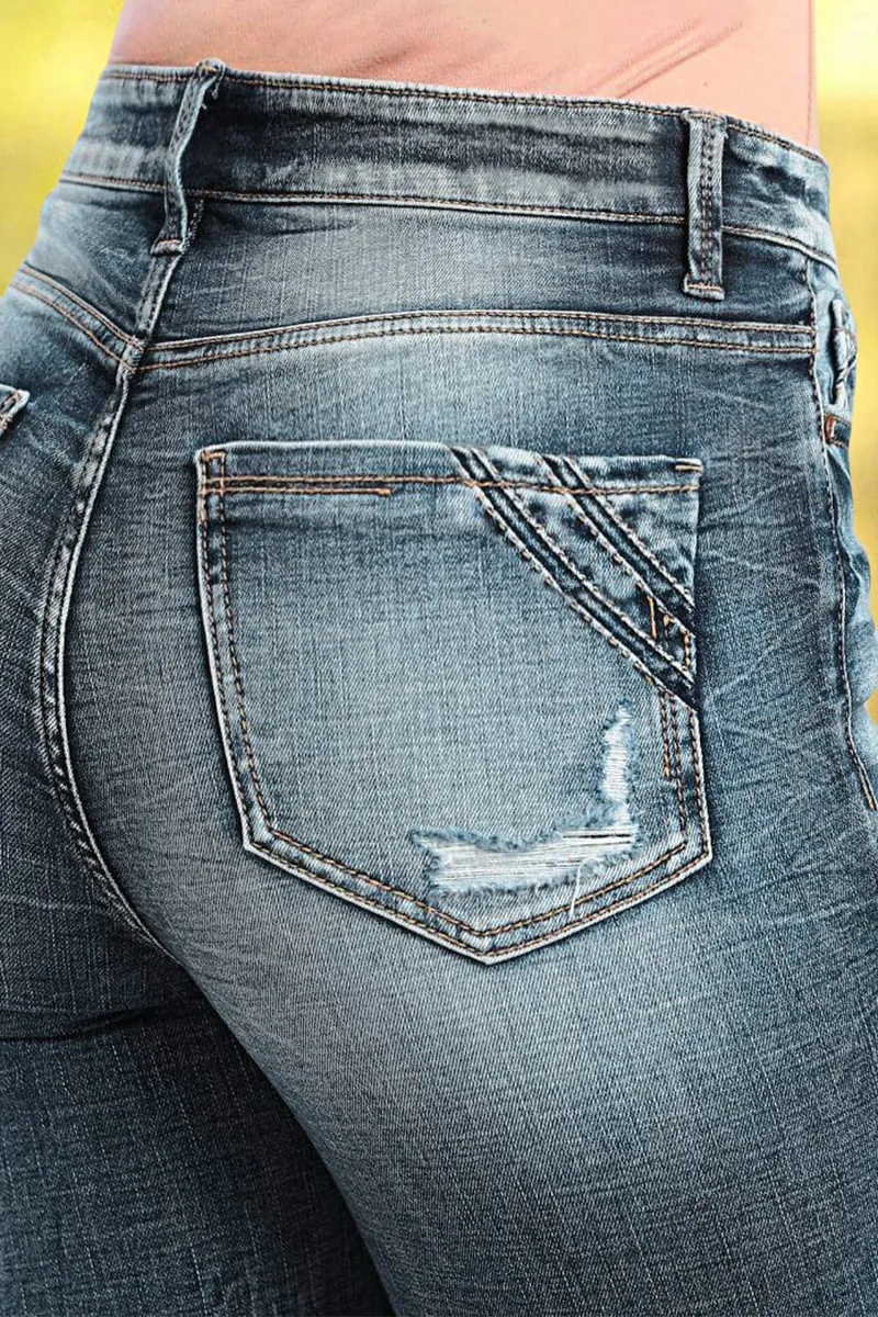 Ripped Wash Roll Hem High Waist Capri Jeans