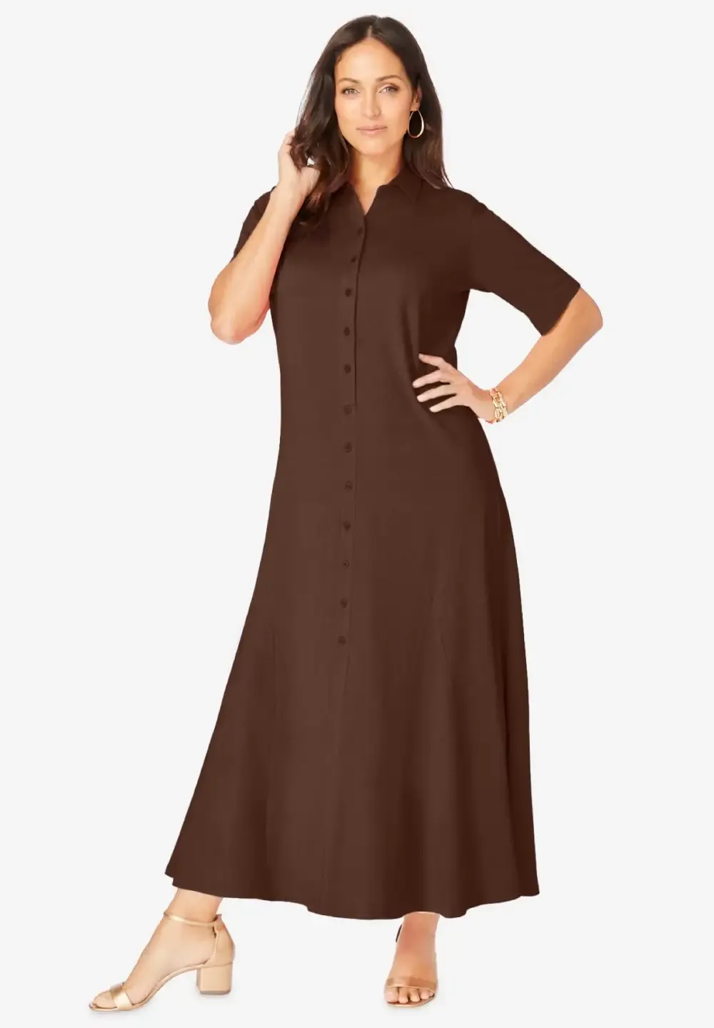 Stretch Cotton Button Front Maxi Dress