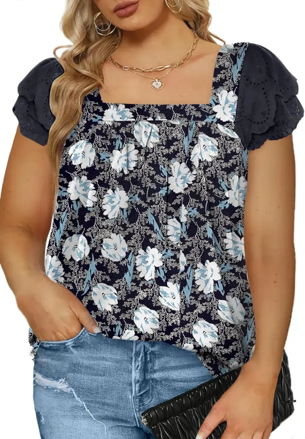 Eytino Womens Plus Size Tops Ruffle Short Sleeve Square Neck Summer Loose Casual Tee Shirts(1X-5X)