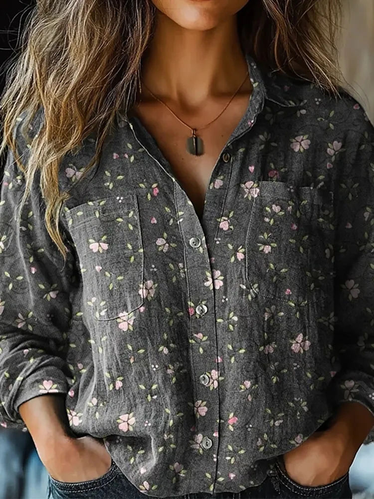 Women's Vintage Floral Art Print Casual Long Sleeve Comfortable Cotton Shirt