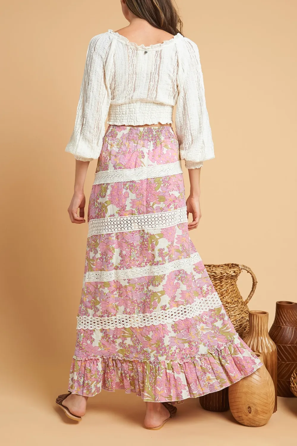 Pink And White Floral Print Split Maxi Skirt