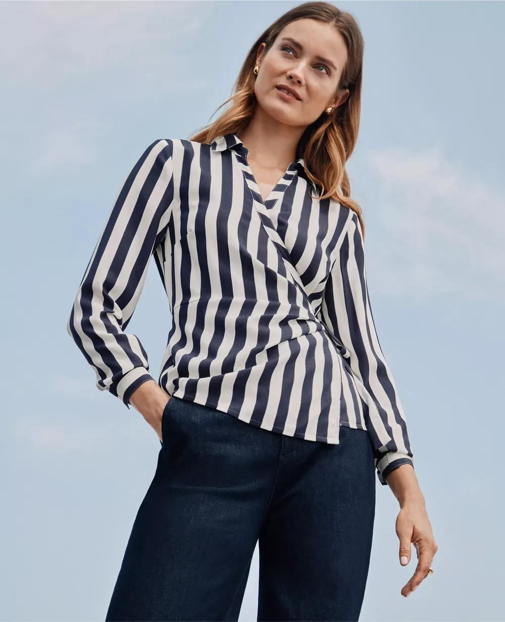 Striped Collared Wrap Blouse