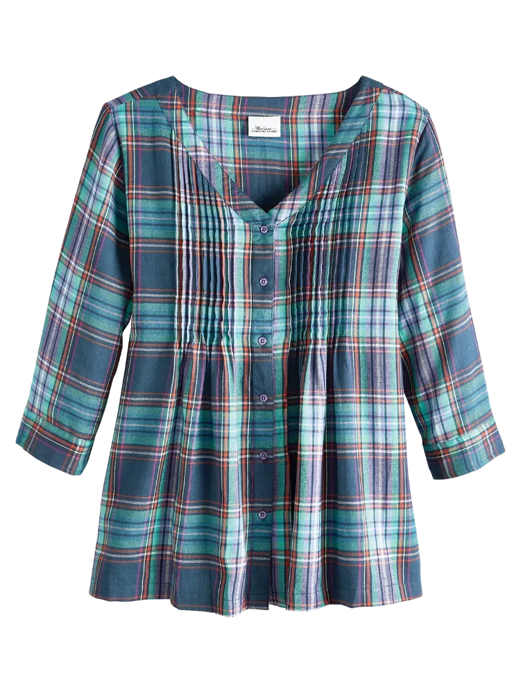 Pintuck Plaid Brushed-Cotton Tunic Top