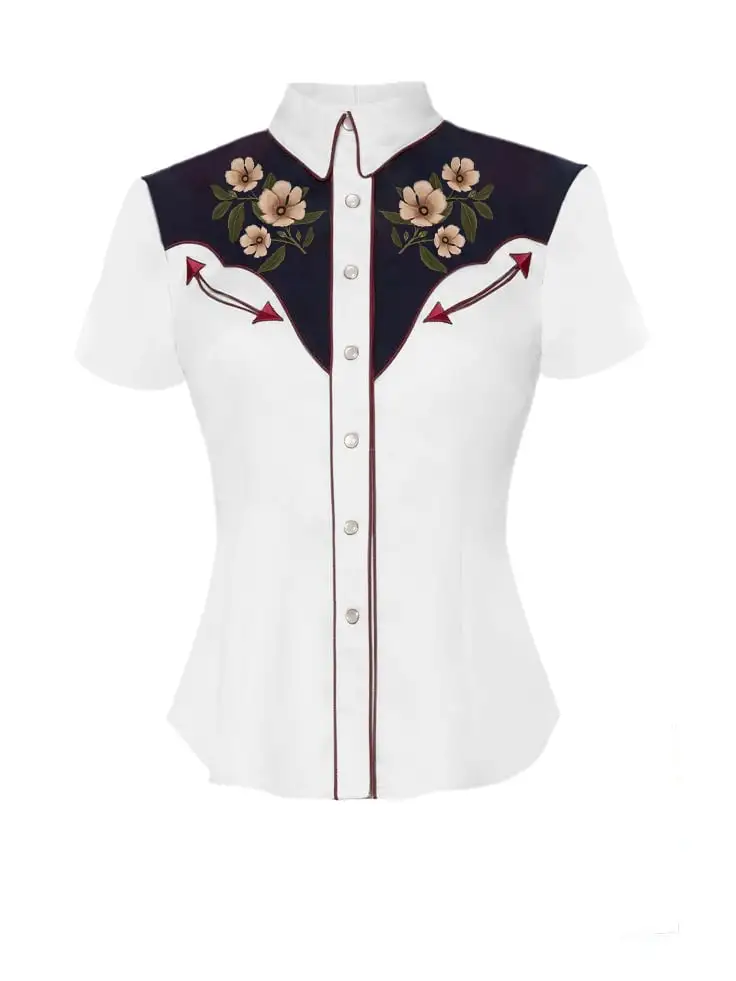Women's Western Flower Pattern Print White Shirt