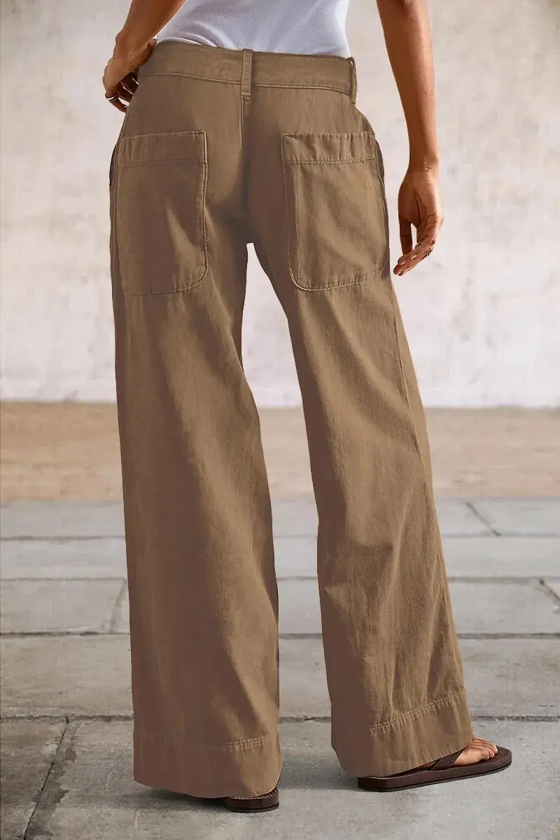 Solid Stitch Detail Mid Waist Straight Leg Pants