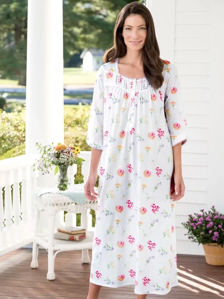 Lanz Tossed Floral Cotton Knit Long Nightgown