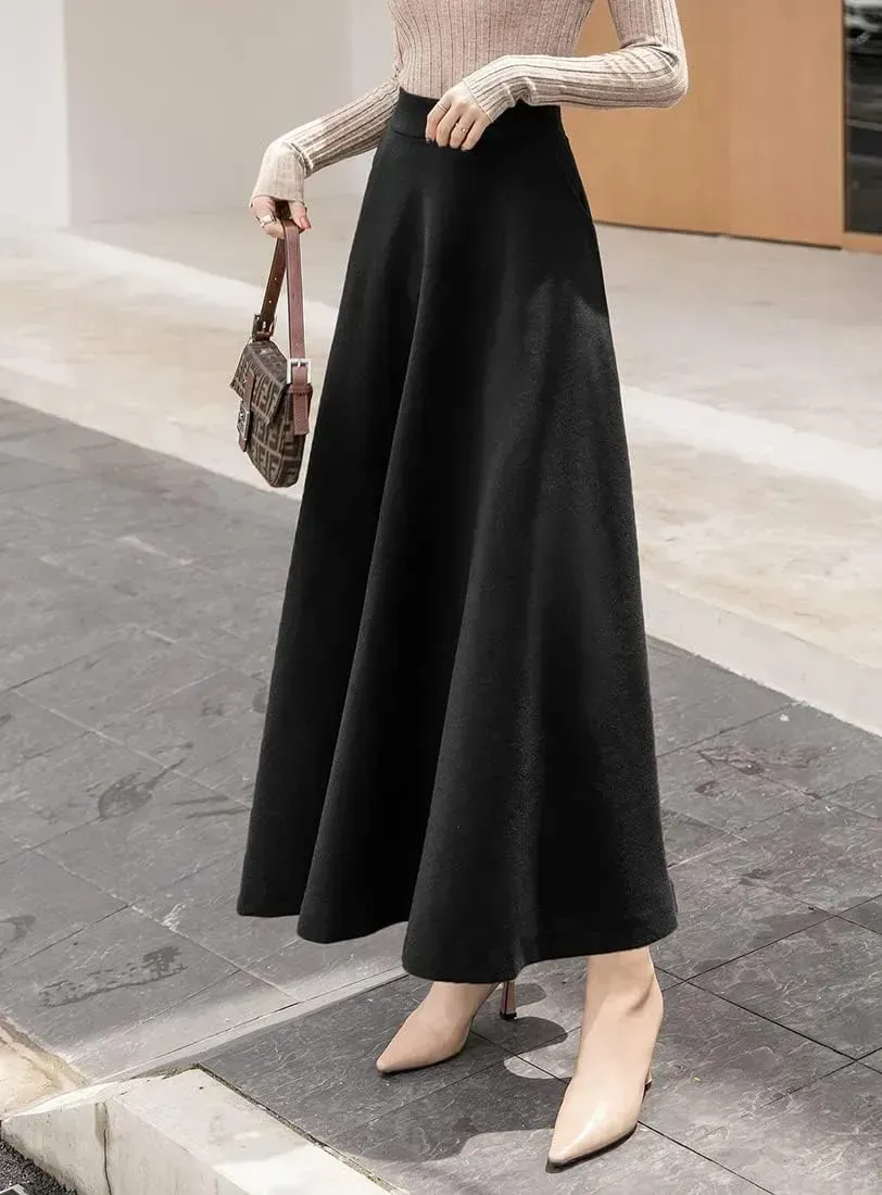 Women's Winter Elegant Warm Long Skirt Wool Maxi Skirts Elastic Waist A-Line High Waist Plaid Pleated Skirt S-3XL
