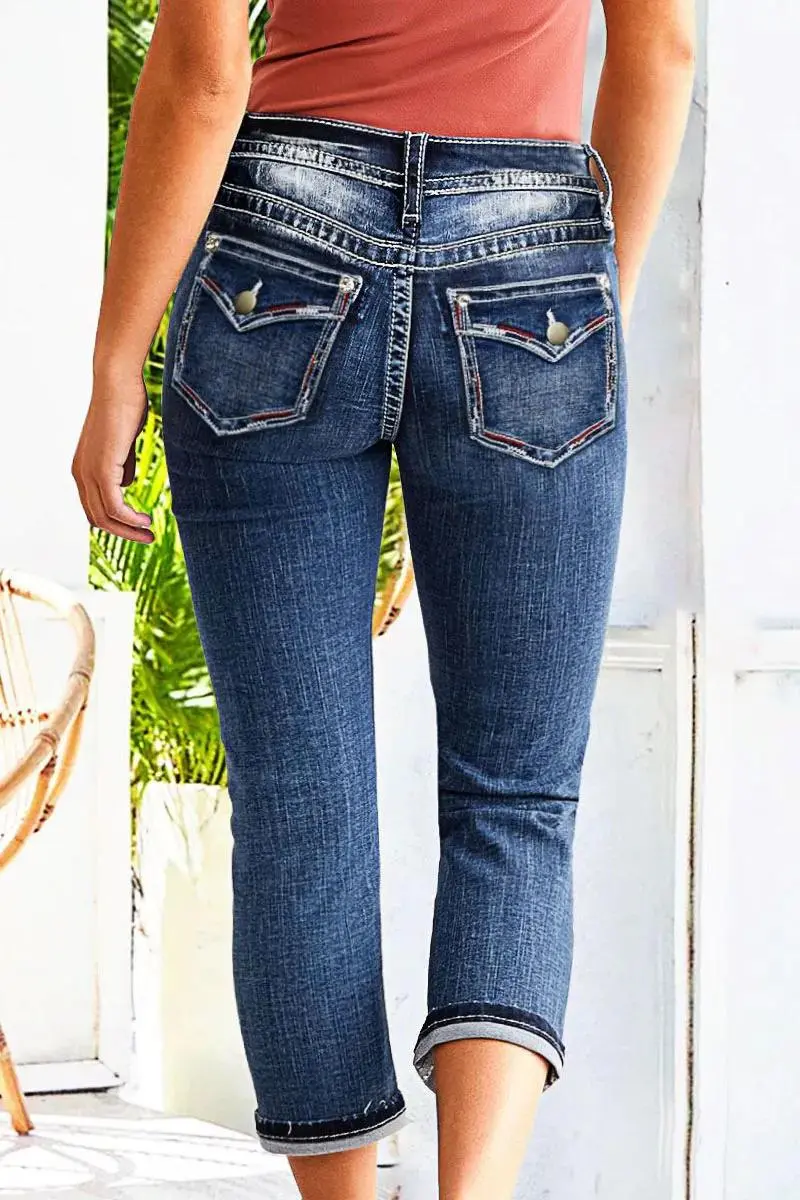 Wash Ripped Roll Hem Mid Waist Straight Leg Capri Jeans