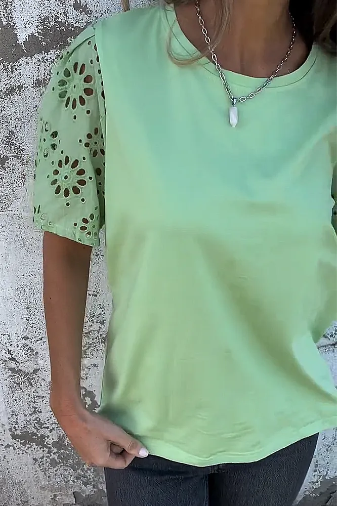 Women's solid color spliced hollow T-shirt