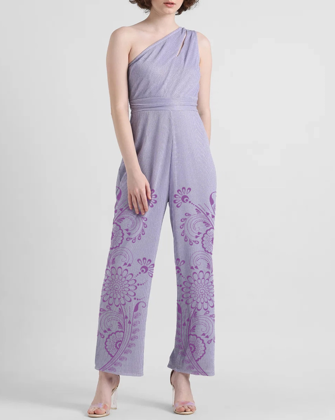 Lavender One Shoulder Printed Cotton Jumpsuit