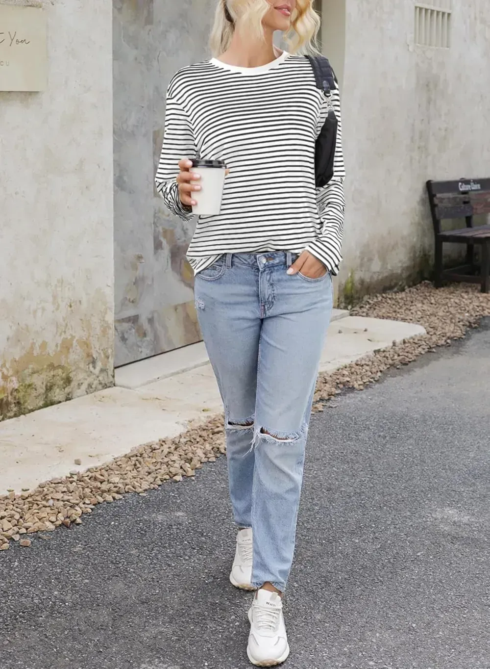 Dokotoo Women's Casual Striped Long Sleeve Tops Crew Neck Knit Ribbed Basic T Shirts