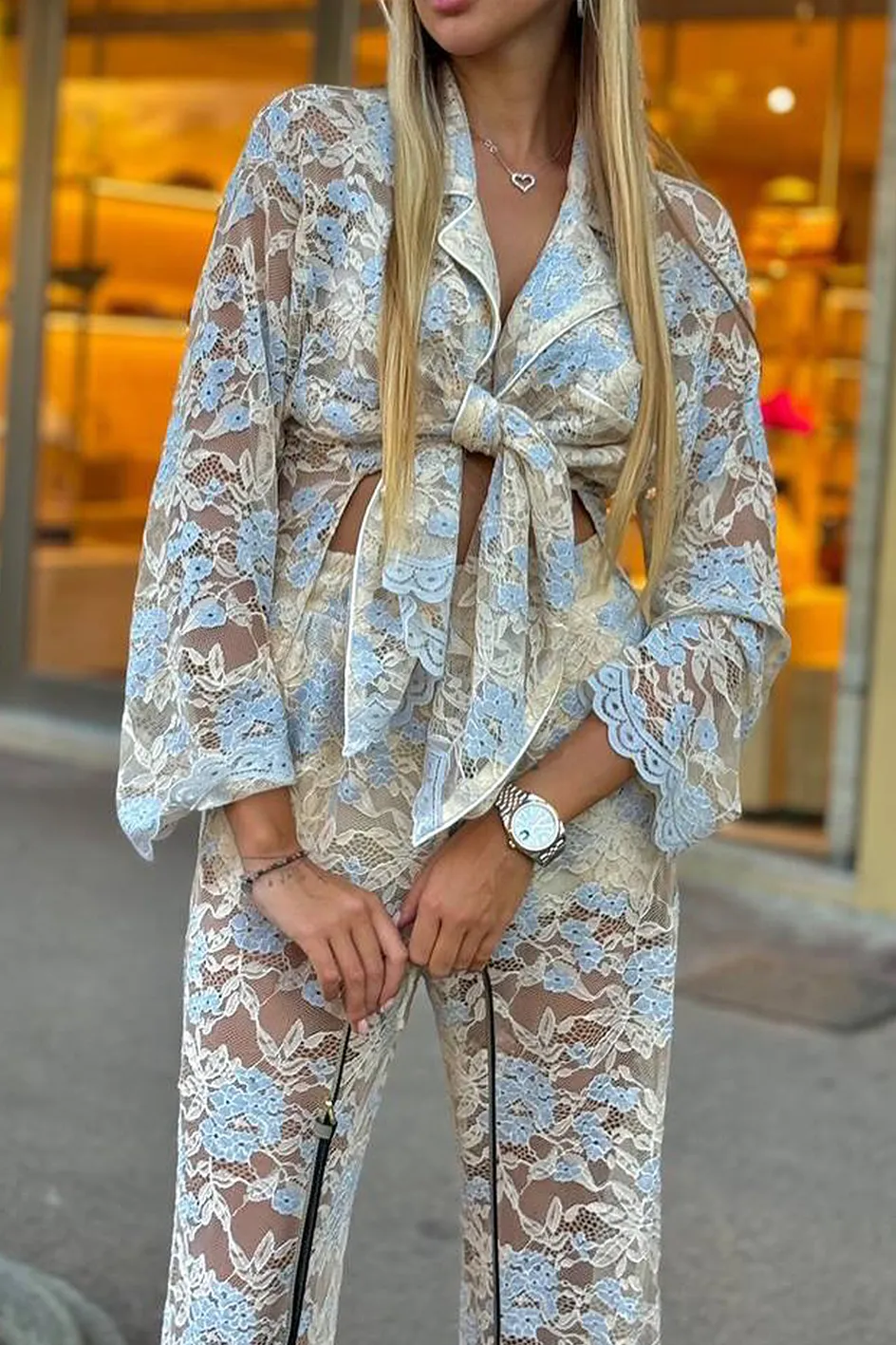 Women'S Fashion Leopard Lace Hollow Casual Top And Pants Two-Piece Set