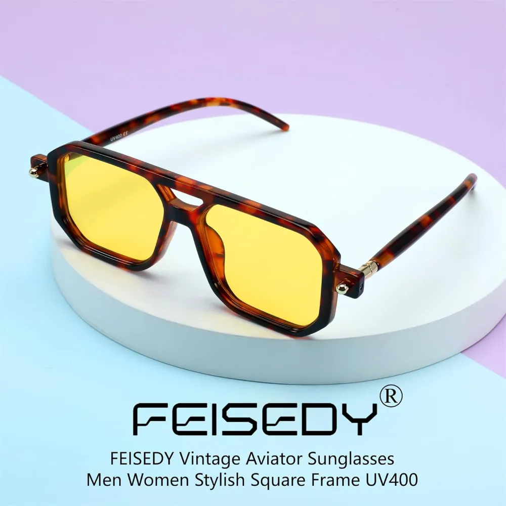 FEISEDY Vintage Square 70s Flat Aviator Sunglasses Women Men Classic Retro Stylish Frame UV400 Sunglasses B2622