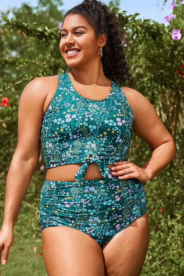 Cottage Floral Print Knotted Crop Bikini Top