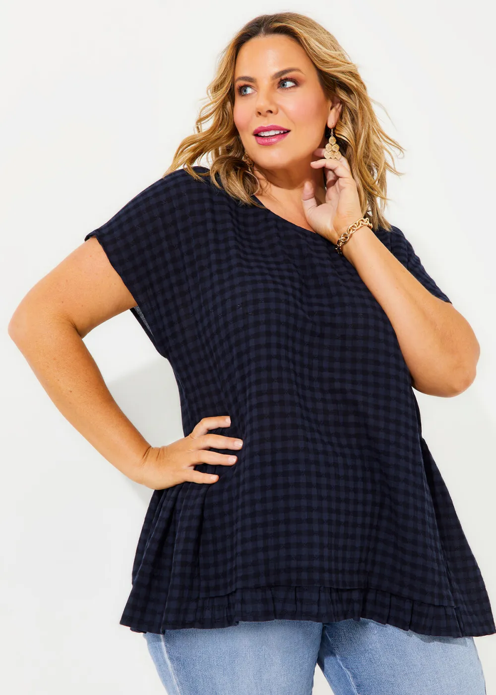Cotton Blend Gingham Frill Top