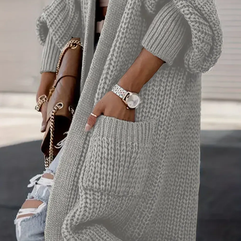 Plus Size Casual Cardigan, Women's Plus Solid Long Sleeve Open Front Cardigan With Pockets