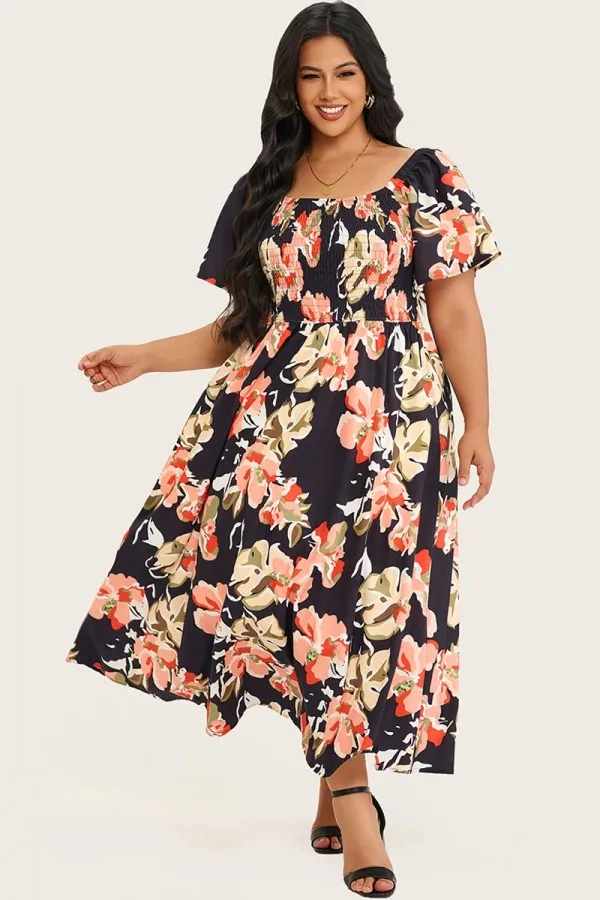 Floral Shirred Square Neck Pocket Maxi Dress