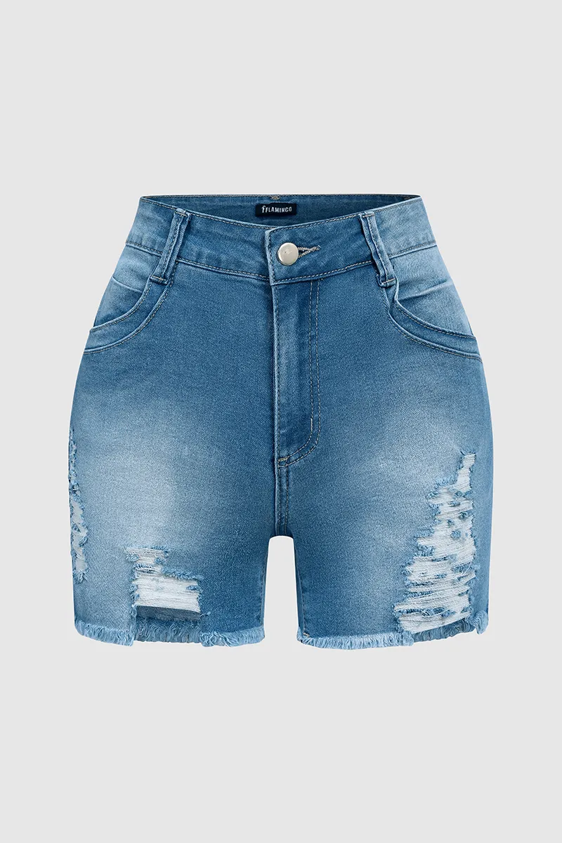 Wash Ripped Raw Hem High Waist Denim Shorts