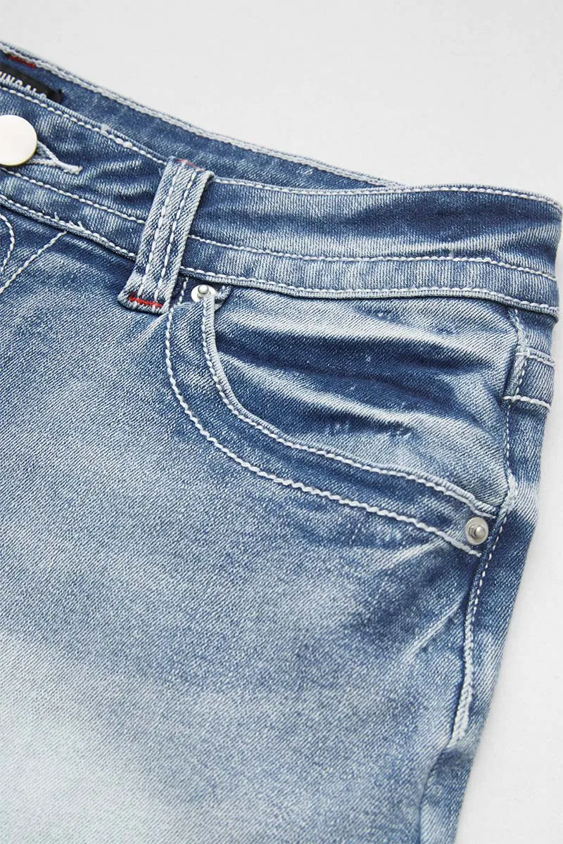 Ripped Embroidery Detail Raw Hem Mid Waist Denim Shorts