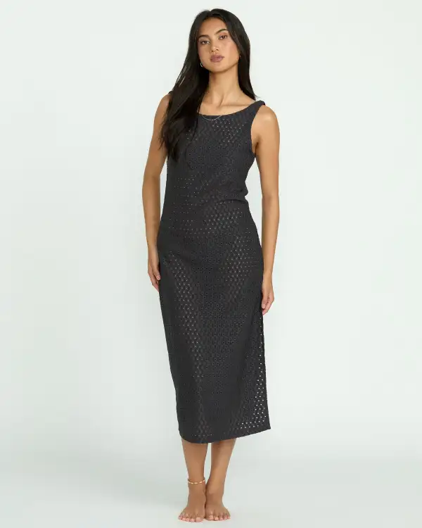 Eyelet Sun Midi Dress Beach Coverup - Off Black