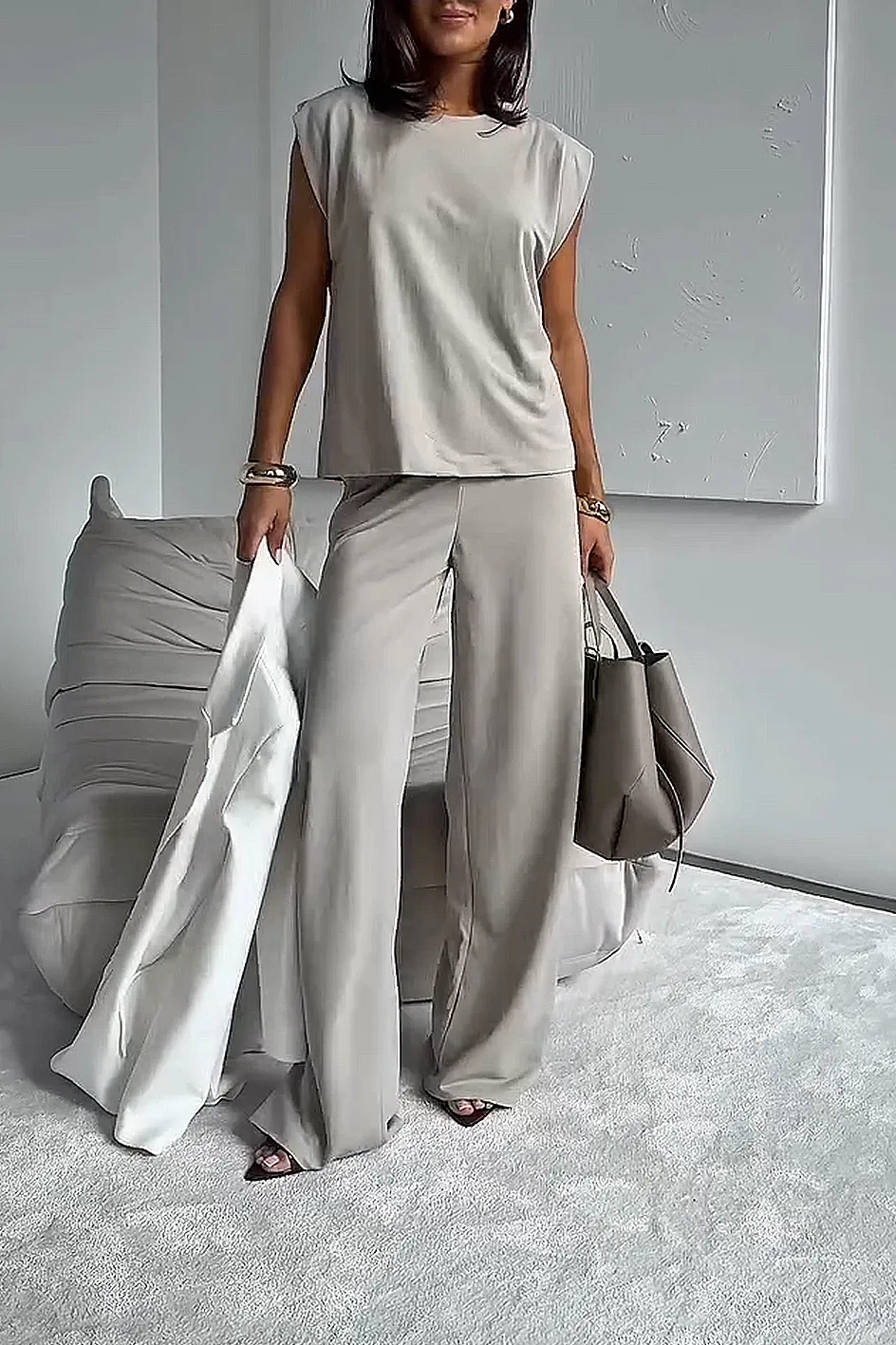 Women'S Stylish Casual Comfortable Short-Sleeved Top And Suit Pants Two-Piece Set