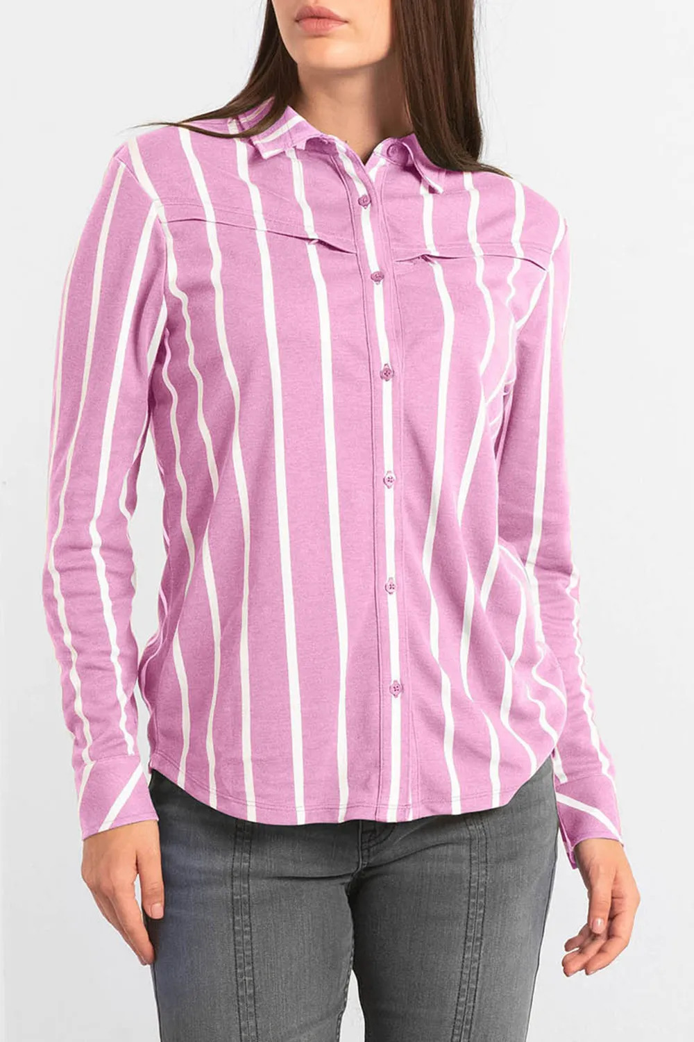 Zipper Chest Pocket Striped Fashion Ladies Shirt