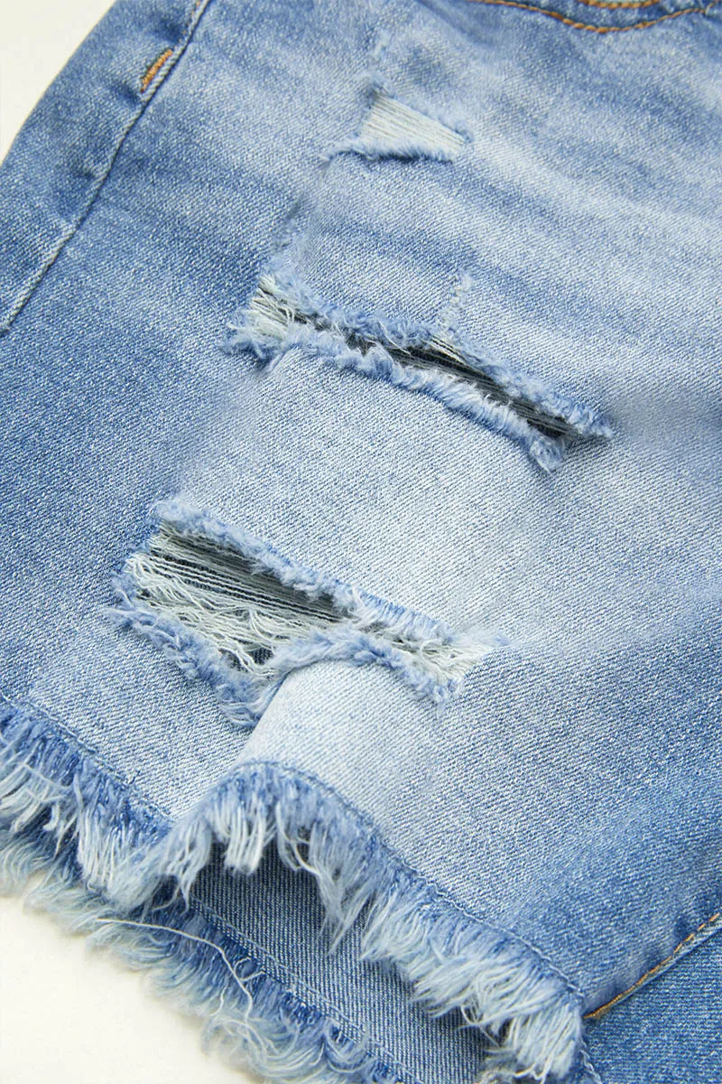 Raw Hem Ripped Low Rise Denim Mid Thigh Shorts