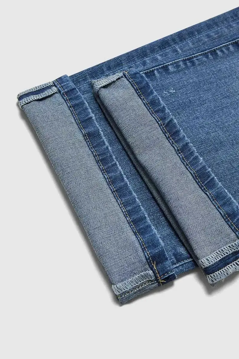 Wash Ripped Roll Hem High Rise Straight Leg Jeans Without Belt