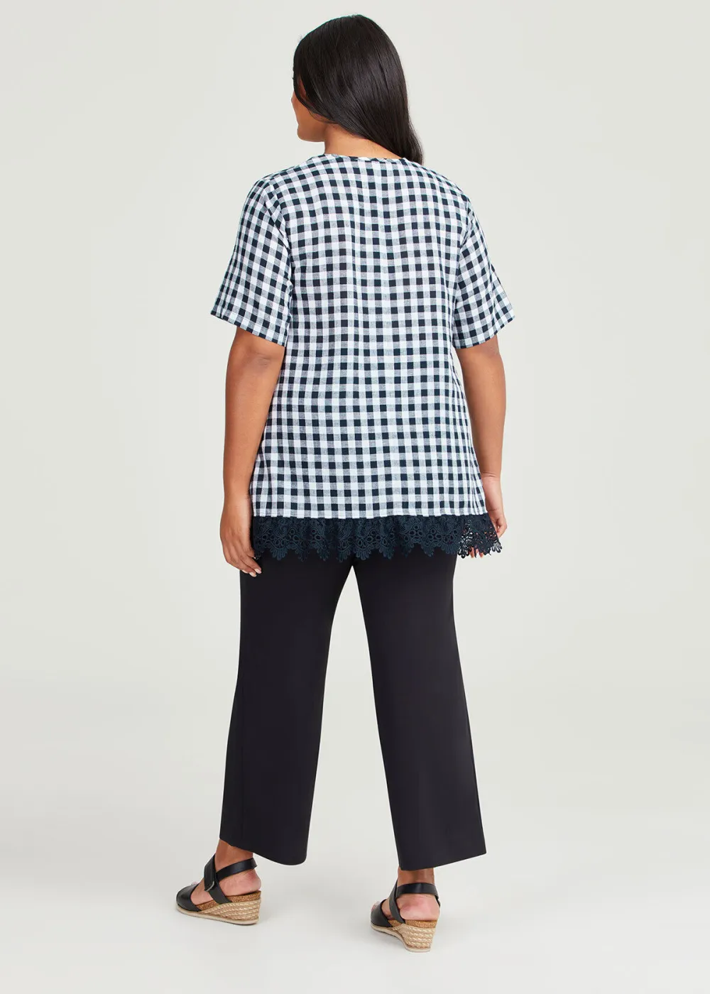 Linen Blend Check Lace Top