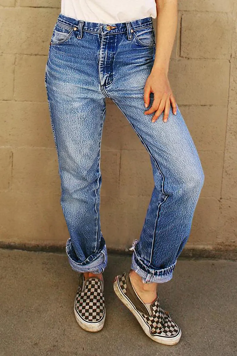 Wash Roll Hem High Rise Straight Leg Jeans