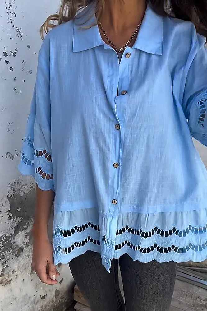 Women's solid color cotton and linen hollow out shirt