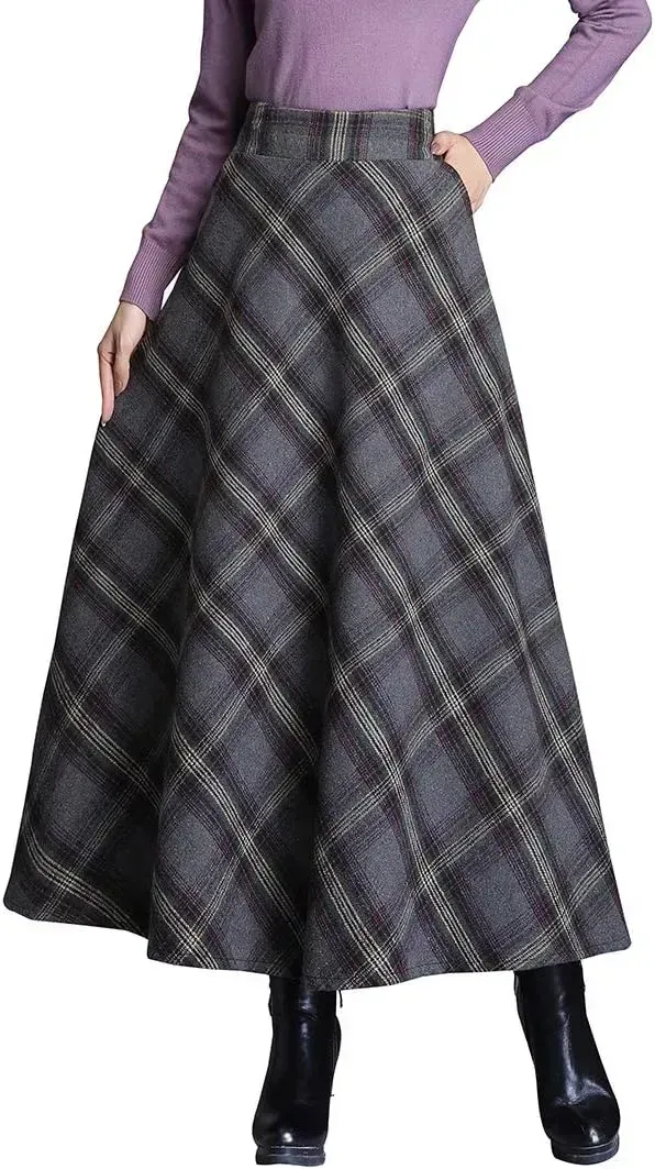 Women's Winter Elegant Warm Long Skirt Wool Maxi Skirts Elastic Waist A-Line High Waist Plaid Pleated Skirt S-3XL