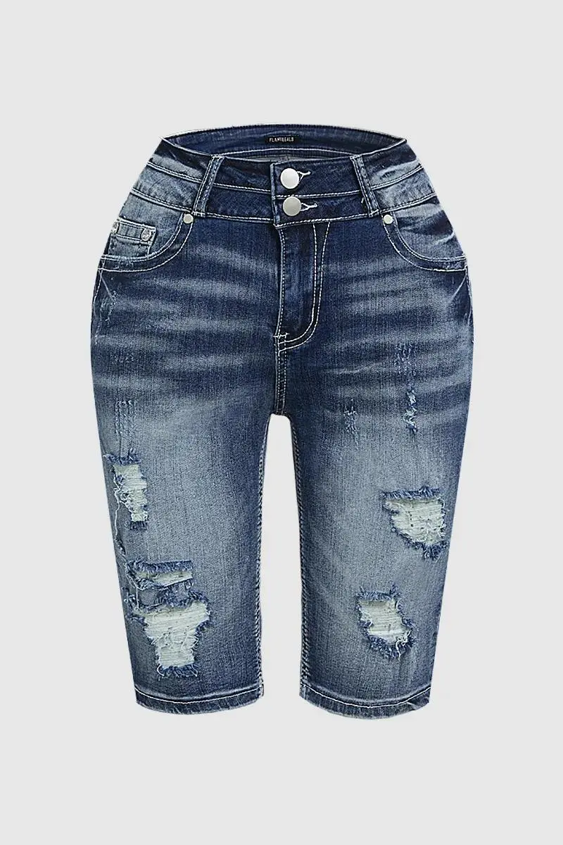 Ripped Roll Hem Double Button Mid Waist Denim Bermuda Shorts