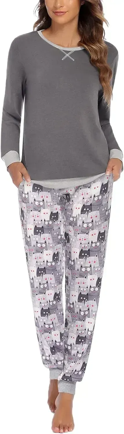 Women's Pajamas Sets Long Sleeve with Plaid Pants Soft Sleepwear O Neck 2 Piece Pjs Joggers Loung Set with Pockets