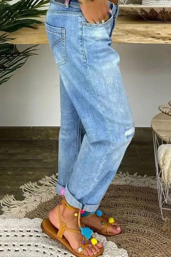 Wash Ripped Button Fly Low Waist Straight Leg Jeans