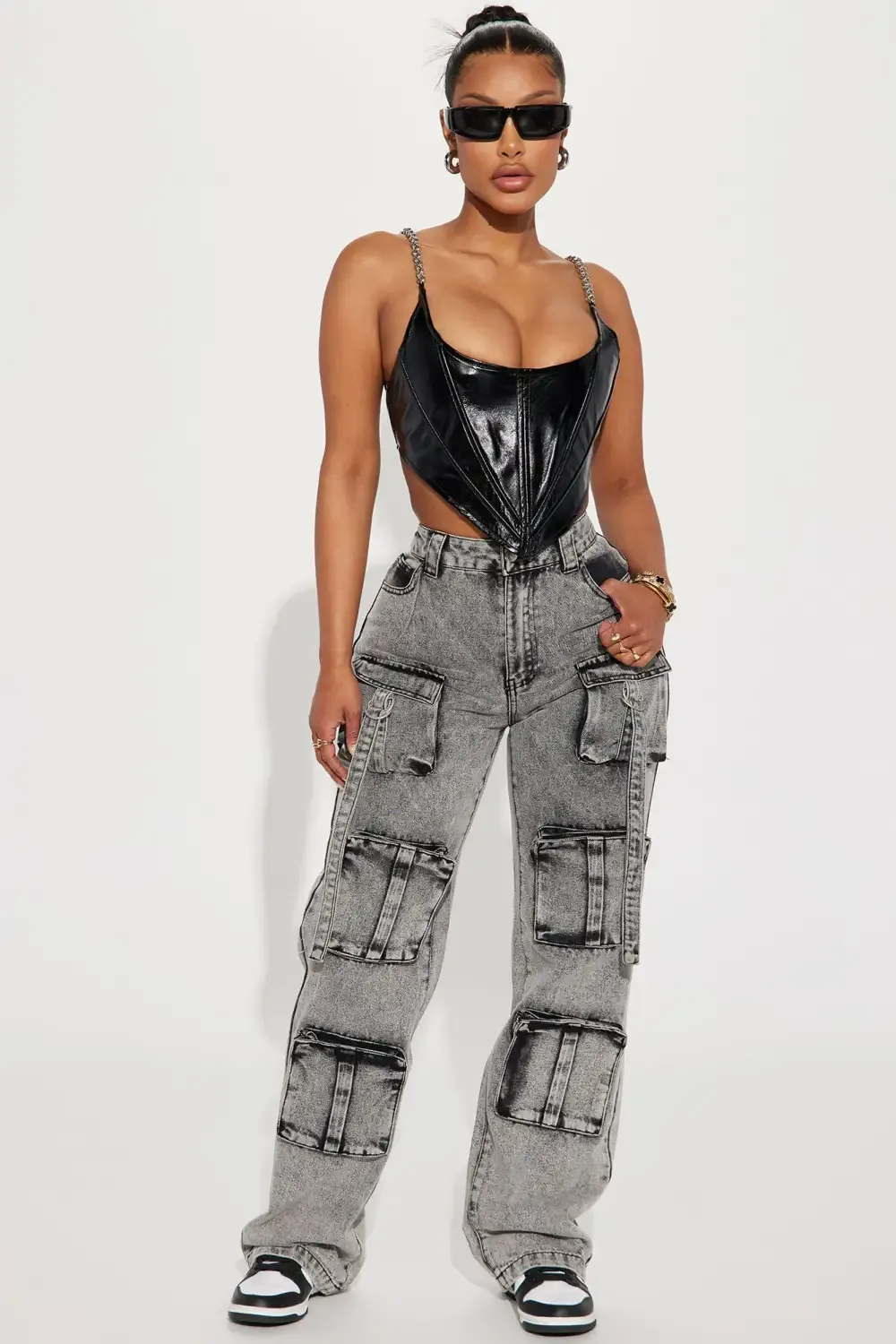 Somehow Somewhere Non Stretch Cargo Straight Leg Jeans - Acid Wash Grey