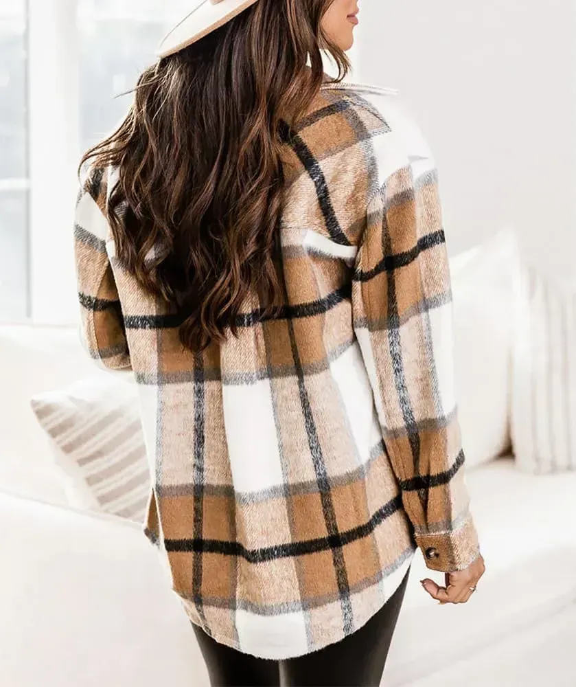 Womens Casual Plaid Shackets Brushed Flannel Button Down Shirt Jacket Coats with Side Pockets