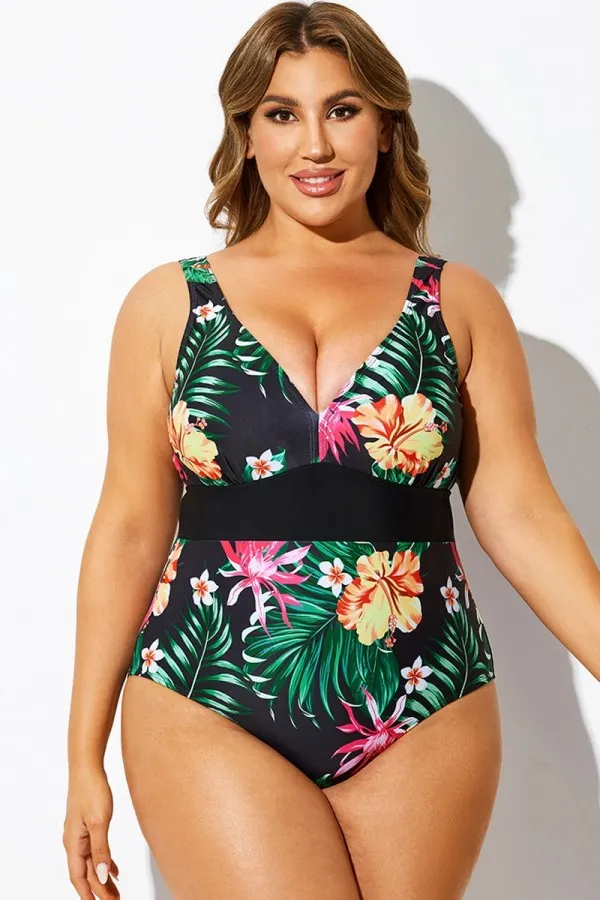 Floral Print V-Neck One Piece Swimsuit