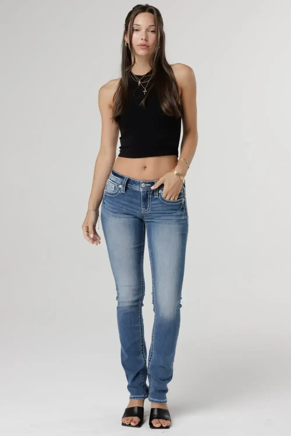 Glimmering Cross-Stitch Straight Jeans