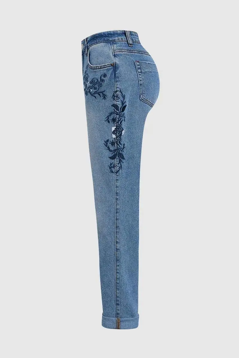 Wash Floral Embroidery Roll Hem Mid Rise Carrot Jeans