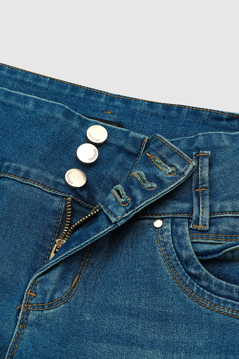 Button Fly Wash High Stretch Mid Waist Capri Jeans