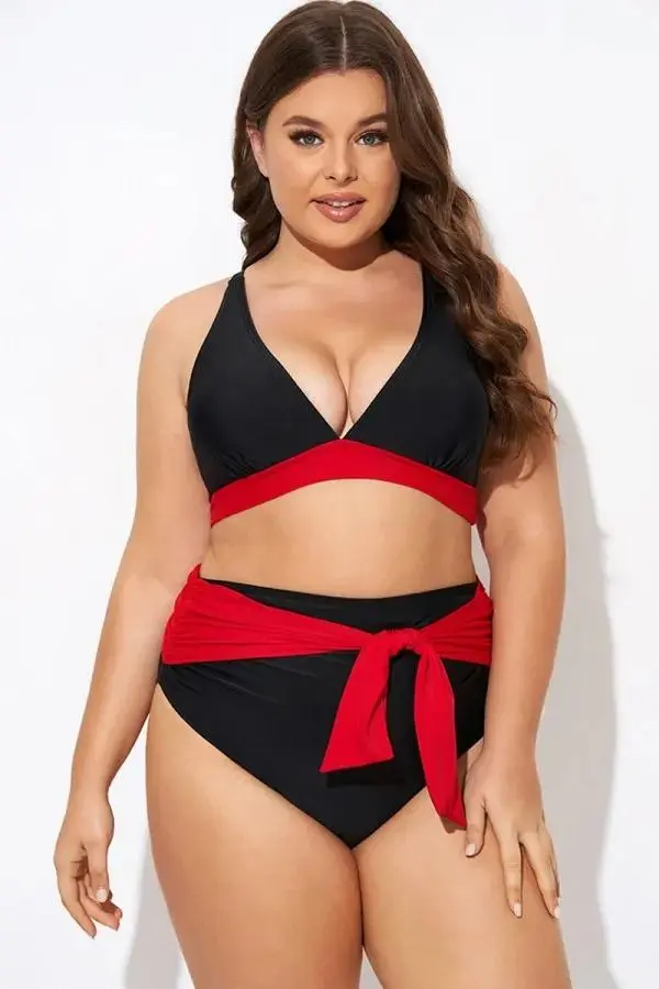 Black and Red V neck Bikini Top
